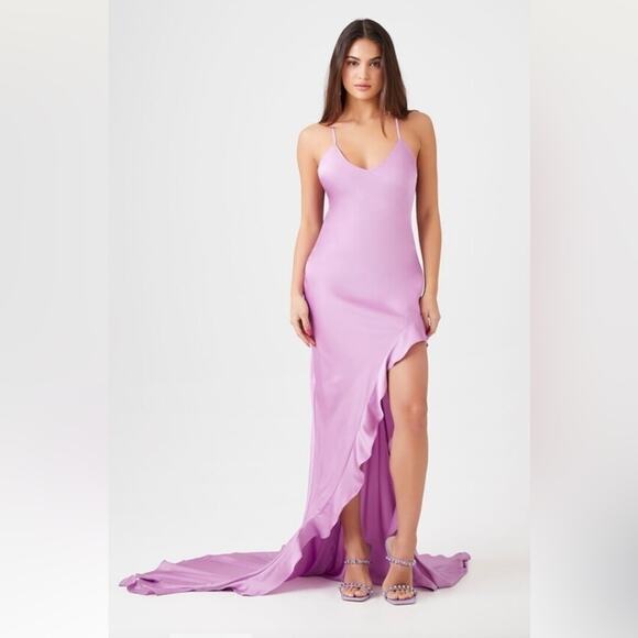 Lavender Satin Flounce-Hem Maxi Dress size XS NEW wedding guest dress - Picture 6 of 10